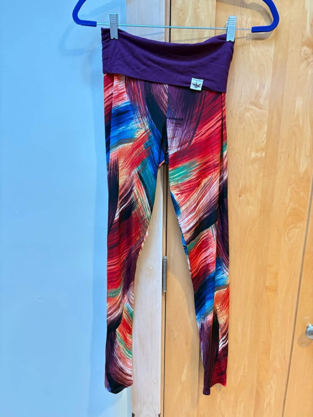 Colorful Abstract Print Fold-Over Waist Leggings - Purple Waistband
